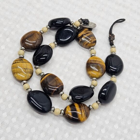 Vintage Chaps Glass Tiger Eye & Black Acrylic Bead Necklace - Picture 9 of 9